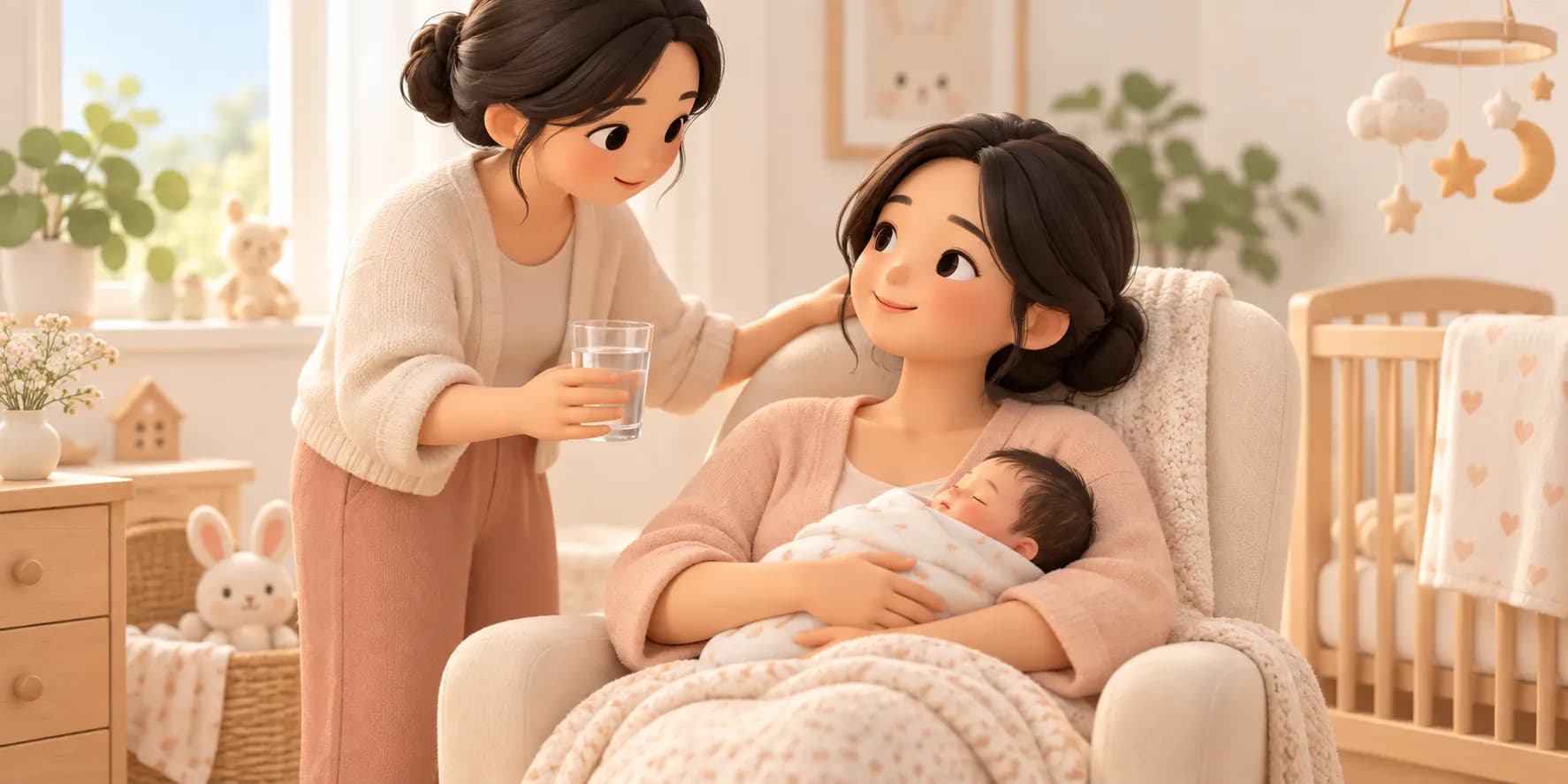 妈妈抱着宝宝并得到家人的支持